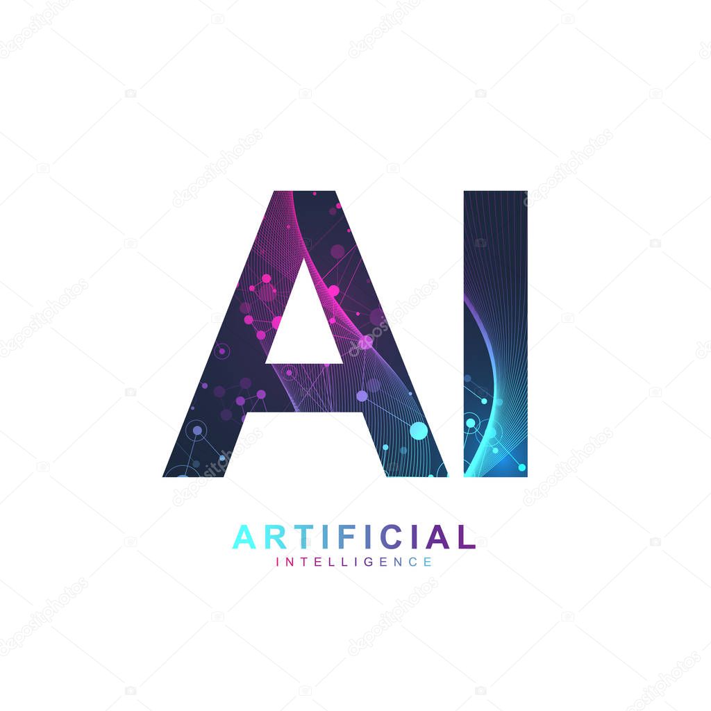 Artificial Intelligence Logo. Artificial Intelligence and Machine Learning Concept. Vector symbol AI. Neural networks and another modern technologies concepts. Technology sci-fi concept.
