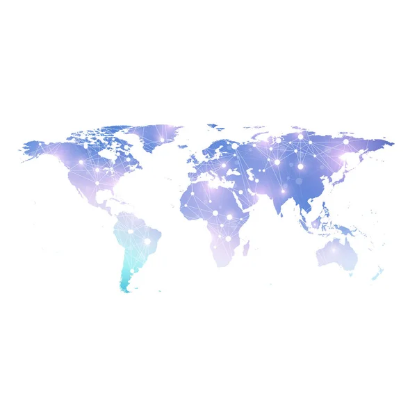 Modello vettoriale Mappa del mondo con concetto di rete tecnologica globale. Connessioni di rete globali. Visualizzazione dei dati digitali. Linee plesso. Comunicazione di sfondo Big Data. Contesto prospettico — Vettoriale Stock