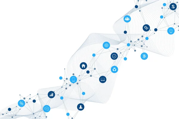 Internet das coisas IoT e conceito de rede para sua apresentação de design. Conexão de rede futurista fundo para o comércio mundial. Internet das coisas indústria de negócios 4.0. Ilustração vetorial . —  Vetores de Stock