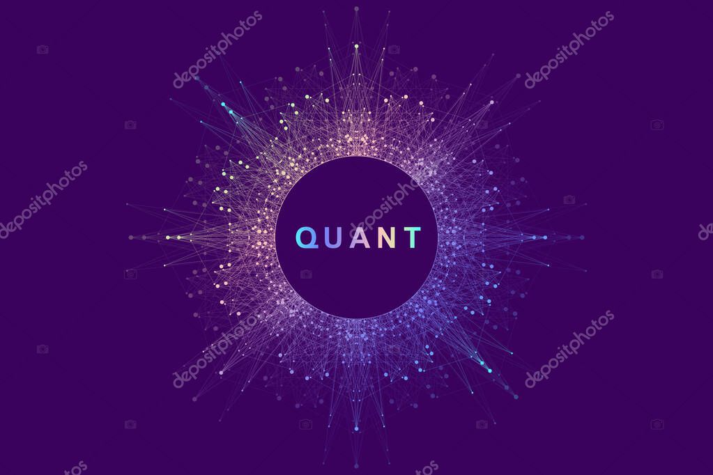 Circular quantum computer technology concept. Sphere explosion background. Deep learning artificial intelligence. Big data algorithms visualization. Waves flow. Quantum explosion, vector illustration.