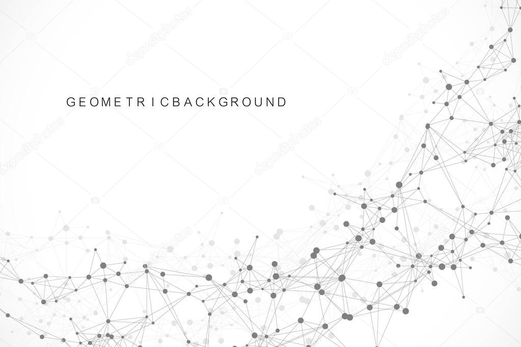 Geometric abstract background with connected line and dots. Network and connection background for your presentation. Graphic polygonal background. Wave flow. Scientific vector illustration.