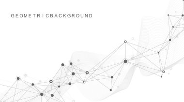 Bağlı çizgi ve noktalarla Geometrik soyut arkaplan. Sunumunuz için ağ ve bağlantı arka planı. Grafik çokgen arkaplan. Dalga akışı. Bilimsel vektör çizimi.