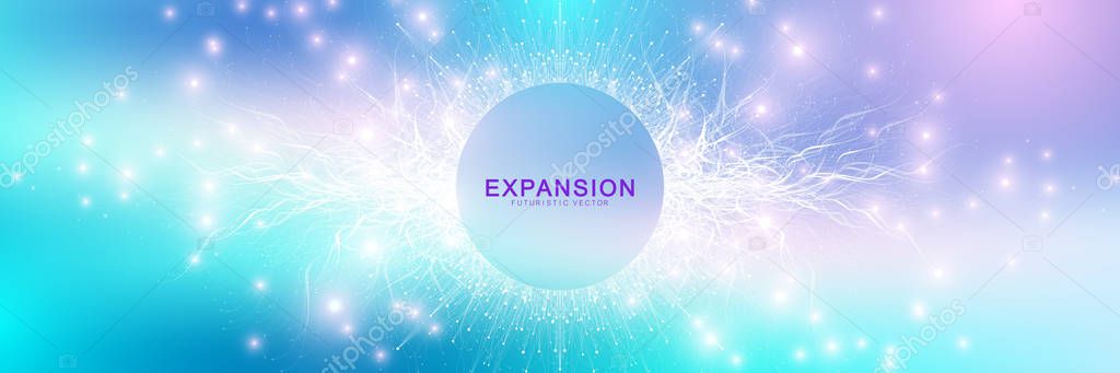Expansion of life. Colorful explosion background with connected line and dots, wave flow. Visualization Quantum technology. Abstract graphic background explosion, motion burst, vector illustration