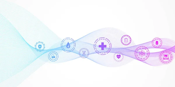 Modèle abstrait de bannière de soins de santé avec des icônes plates. Concept de médecine de la santé. Bannière pharmaceutique de technologie d'innovation médicale. Illustration vectorielle — Image vectorielle