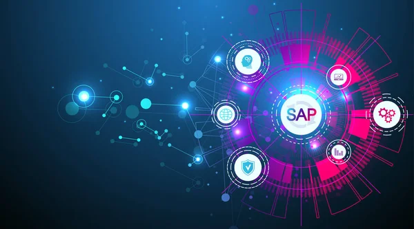 Software de automatización de procesos de SAP Business. Plantilla de banner de concepto de sistema de planificación de recursos empresariales ERP. Tecnología futuro concepto de ciencia ficción SAP. Inteligencia artificial. Ilustración vectorial — Vector de stock