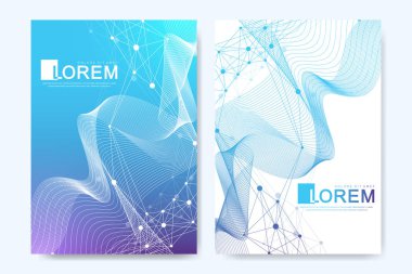 Broşür, broşür, broşür, broşür, kapak, A4 boyutunda katalog için modern vektör şablonu. DNA sarmalları, DNA iplikleri, molekül veya atom, nöronlar. Bilim veya tıbbi geçmiş için soyut yapı.