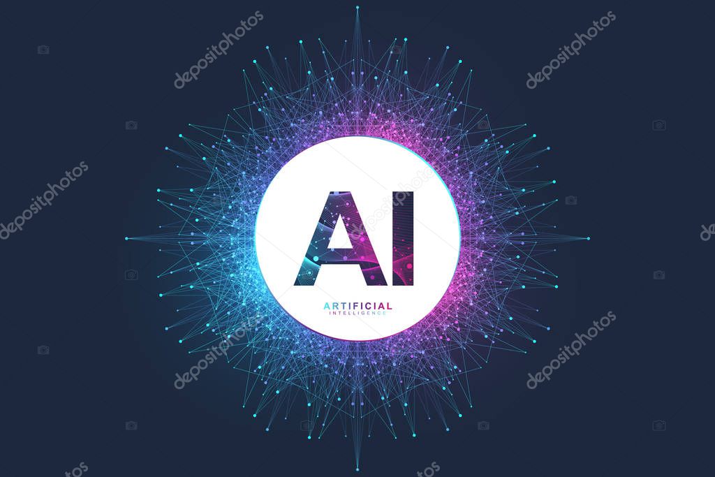 Artificial Intelligence Logo. Artificial Intelligence and Machine Learning Concept. Vector symbol AI. Neural networks and another modern technologies concepts. Quantum computer technology concept