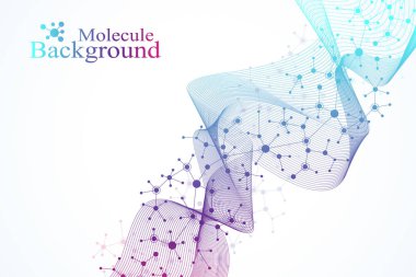 Renkli moleküllerin arka planı. DNA sarmalı, DNA ipliği, DNA testi. Molekül ya da atom, nöronlar. Bilim ya da tıbbi altyapı için soyut bir yapı, afiş. Bilimsel moleküler vektör çizimi