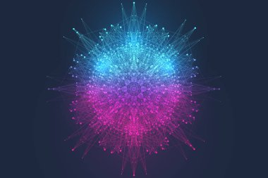 Bilimsel vektör çizimi kuantum bilgisayar teknolojisi. Pleksus kurgu etkisi. Derin öğrenme yapay zekası. Büyük veri algoritmaları görselleştirme. Kuantum patlama arkaplanı.