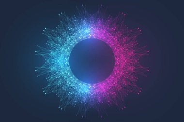 Bilimsel vektör çizimi kuantum bilgisayar teknolojisi. Pleksus kurgu etkisi. Derin öğrenme yapay zekası. Büyük veri algoritmaları görselleştirme. Kuantum patlama arkaplanı.