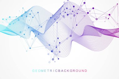 Bağlı çizgiler ve noktalarla Geometrik soyut arkaplan. Dalga akışı. Molekül ve iletişim geçmişi. Tasarımınız için grafiksel arkaplan. Vektör illüstrasyonu