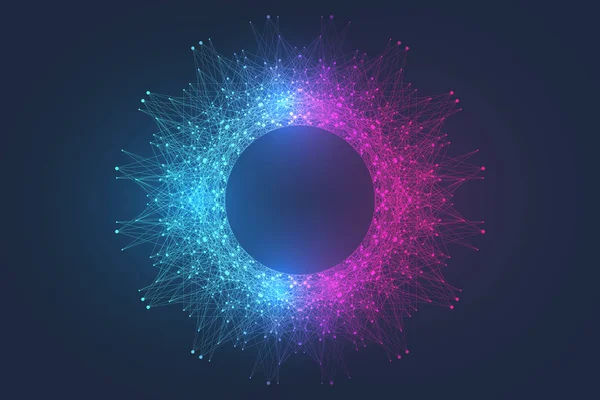 Ilustración de vectores científicos tecnología informática cuántica. Efecto de ficción del plexo. Inteligencia artificial de aprendizaje profundo. Visualización de algoritmos de big data. Fondo de explosión cuántica . — Vector de stock