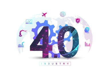 Endüstri 4.0 dijital teknoloji arkaplan fütüristik afişi. Sanal Endüstri 4.0 ve Makine Öğrenme. Modern siber teknoloji, Yapay Zeka, Robotik Bulut hesaplama vektörü çizimi