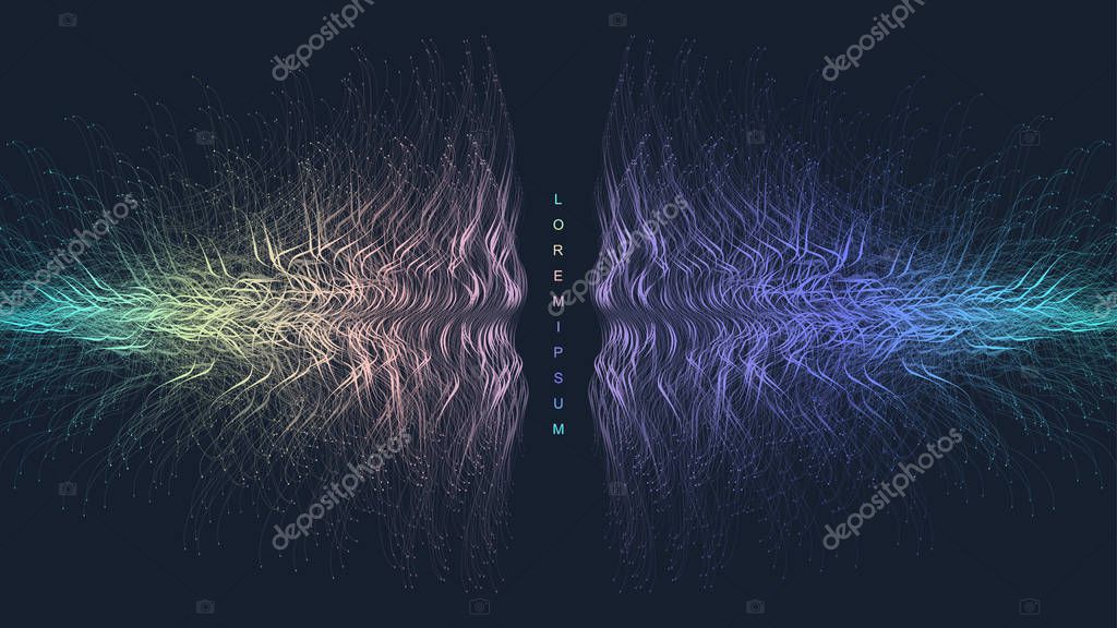 Scientific vector illustration quantum computer technology, wave flow. Plexus fiction effect. Deep learning artificial intelligence. Big data algorithms visualization. Quantum explosion background