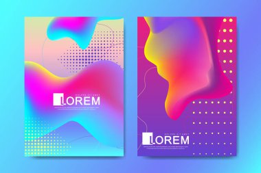 Vektör tasarım şablonu, soyut sıvı şekilleri, boya sıçramaları, mürekkep damlaları olan modaya uygun renkler. Fütürist posterler, afişler, broşürler, broşürler ve kapak tasarımları. Soyut sıvı 3D şekil.