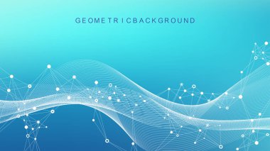 Bağlı çizgiler ve noktalarla Geometrik soyut arkaplan. Dalga akışı. Molekül ve iletişim geçmişi. Tasarımınız için grafiksel arkaplan. Vektör illüstrasyonu.
