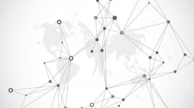 Bağlı çizgi ve noktalarla Geometrik soyut arkaplan. Sunumunuz için ağ ve bağlantı arka planı. Grafik çokgen arkaplan. Dalga akışı. Bilimsel vektör çizimi.
