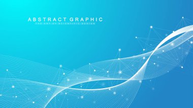 Bağlı çizgi ve noktalarla Geometrik soyut arkaplan. Sunumunuz için ağ ve bağlantı arka planı. Grafik çokgen arkaplan. Dalga akışı. Bilimsel vektör çizimi.