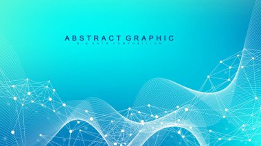 Bağlı çizgiler ve noktalarla Geometrik soyut arkaplan. Dalga akışı. Molekül ve iletişim geçmişi. Tasarımınız için grafiksel arkaplan. Vektör illüstrasyonu
