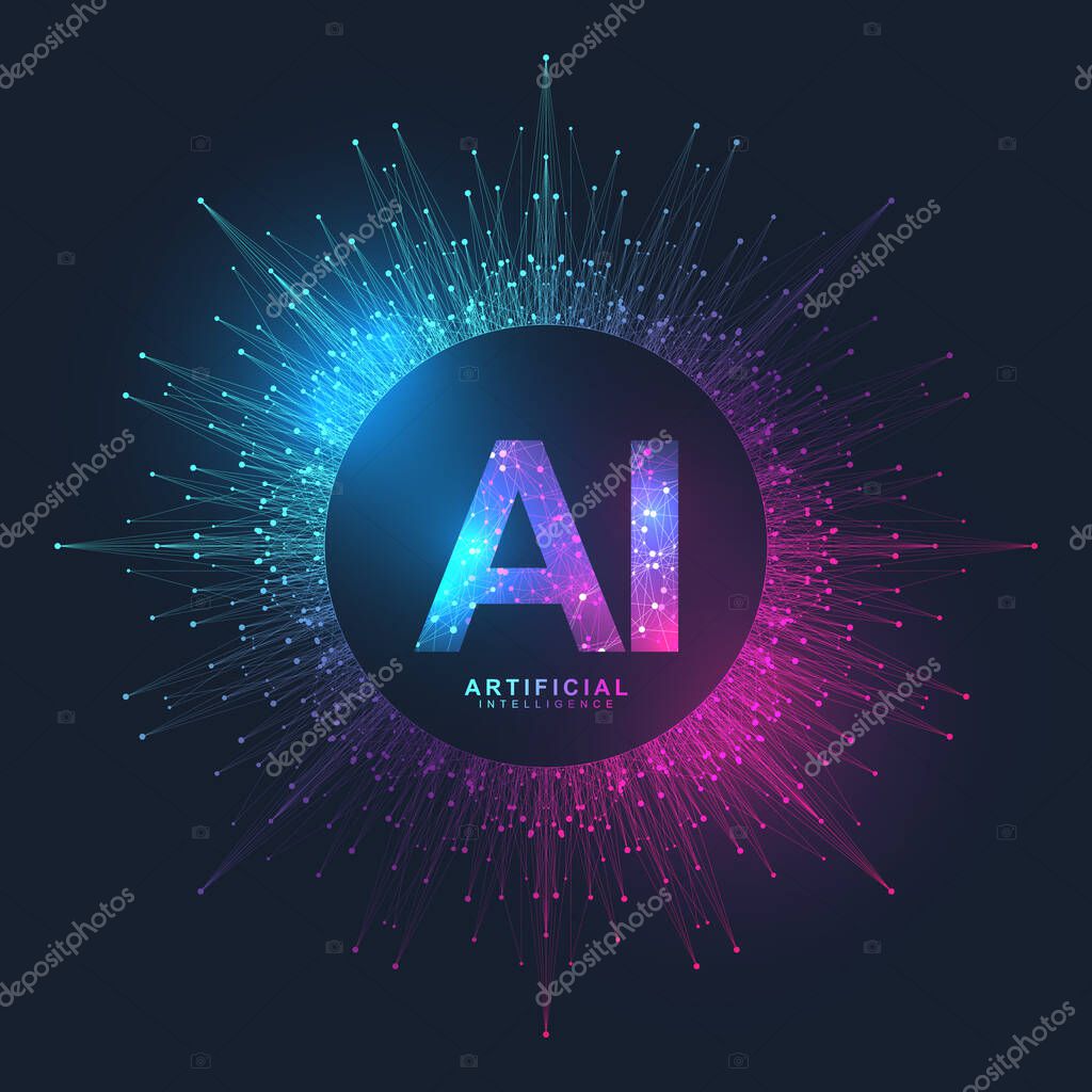 Artificial Intelligence Logo Plexus effect. Artificial Intelligence and Machine Learning Concept. Vector symbol AI. Neural networks and another modern technologies concepts. Technology sci-fi concept