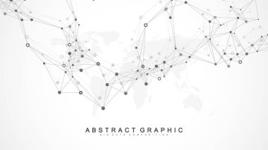 Bağlı çizgi ve noktalarla Geometrik soyut arkaplan. Sunumunuz için ağ ve bağlantı arka planı. Grafik çokgen arkaplan. Dalga akışı. Bilimsel vektör çizimi.