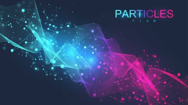 Dinamik parçacıkların olduğu soyut bilimsel arkaplan, dalga akışı. Fraktal elementlerle 3D veri görselleştirmesi. Siber punk tarzı. Dijital vektör illüstrasyonu