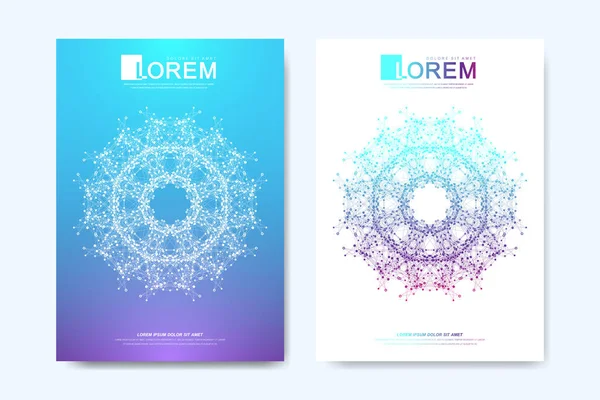 Nowoczesny wektorowy szablon broszury, ulotki, ulotki, okładki, katalog w formacie A4. Heliks DNA, nić DNA, cząsteczka lub atom, neurony. Struktura abstrakcyjna dla nauki lub wykształcenia medycznego — Wektor stockowy