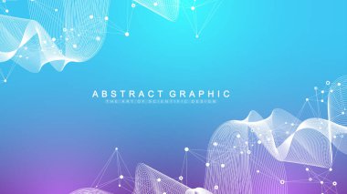 Bağlı çizgiler ve noktalarla Geometrik soyut arkaplan. Dalga akışı. Molekül ve iletişim geçmişi. Tasarımınız için grafiksel arkaplan. Vektör illüstrasyonu