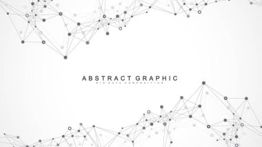 Bağlı çizgi ve noktalarla Geometrik soyut arkaplan. Sunumunuz için ağ ve bağlantı arka planı. Grafik çokgen arkaplan. Dalga akışı. Bilimsel vektör çizimi.