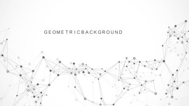 Bağlı çizgi ve noktalarla Geometrik soyut arkaplan. Sunumunuz için ağ ve bağlantı arka planı. Grafik çokgen arkaplan. Dalga akışı. Bilimsel vektör çizimi.
