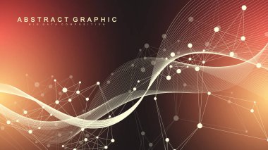 Bağlı çizgi ve noktalarla Geometrik soyut arkaplan. Sunumunuz için ağ ve bağlantı arka planı. Grafik çokgen arkaplan. Dalga akışı. Bilimsel vektör çizimi.