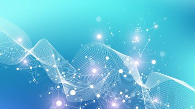 Yaşamın genişlemesi. Renkli patlama arkaplanı, birbirine bağlı çizgi ve noktalar, dalga akışı. Görselleştirme Kuantum teknolojisi. Soyut grafik arkaplan patlaması, hareket patlaması, vektör illüstrasyonu