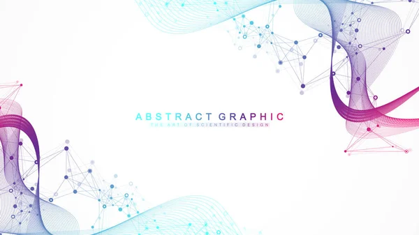 Visualización de datos genómicos grandes. Hélice de ADN, hebra de ADN, prueba de ADN. CRISPR CAS9 - Ingeniería genética. Molécula o átomo, neuronas. Estructura abstracta para la ciencia o los antecedentes médicos, bandera. Flujo de onda. — Vector de stock