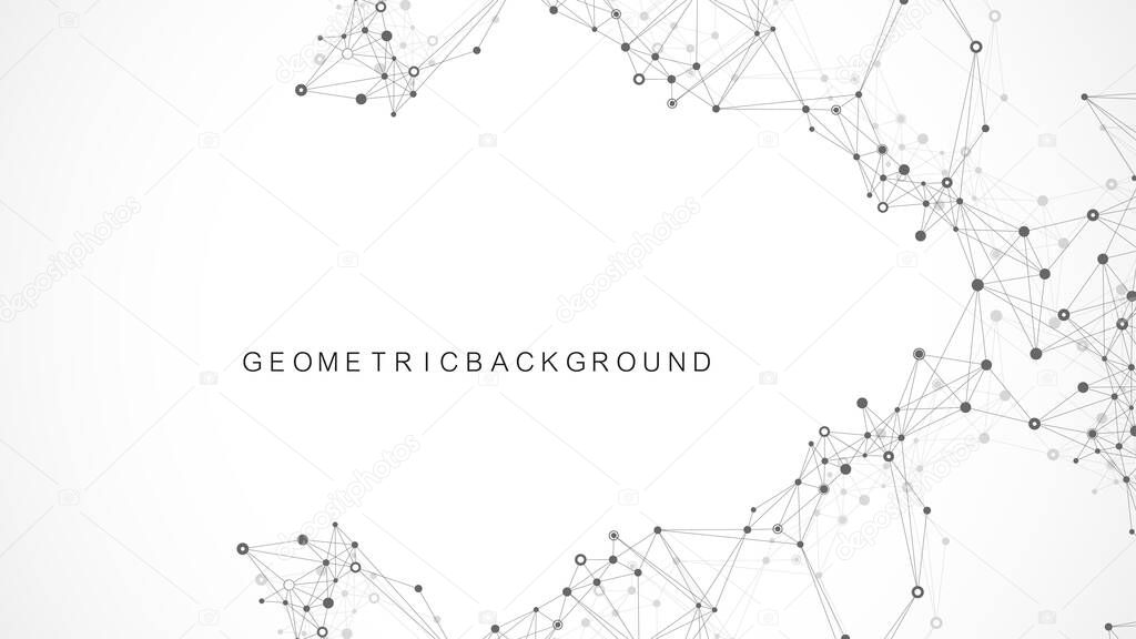 Geometric abstract background with connected line and dots. Network and connection background for your presentation. Graphic polygonal background. Wave flow. Scientific vector illustration.