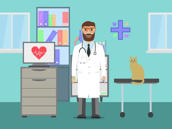Veterinární lékař s kočkou. — Stockový vektor