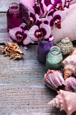 Spa terapi izole bir ahşap arka plan üzerinde çiçekler ile ayarlama. Seçici odak