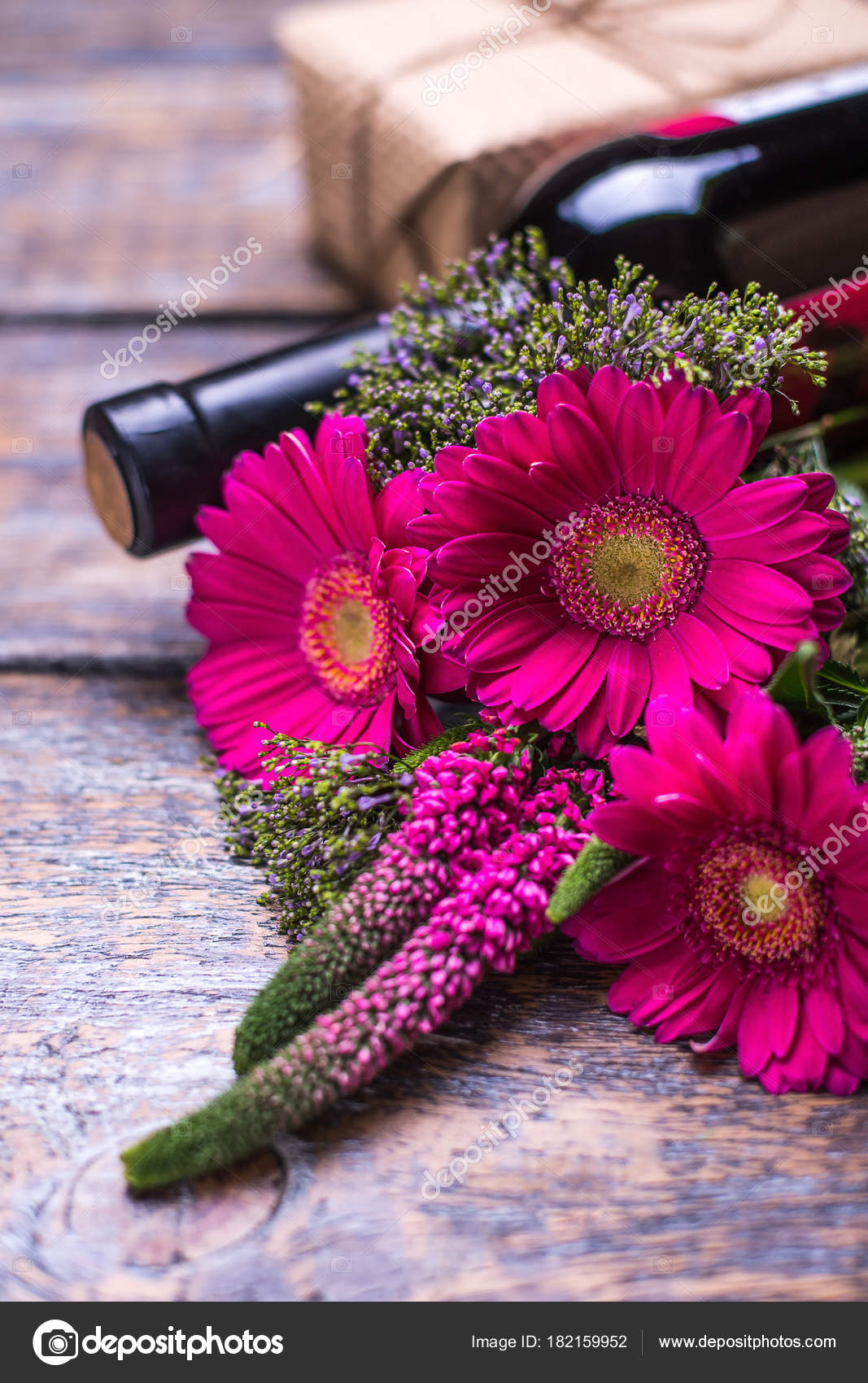 Red Wine Bottle Present Box Flowers Roses Wooden Background — Stock
