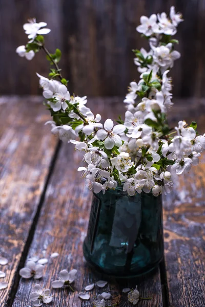 Ahşap Zemin Üzerine Vazo Kiraz Çiçekleri Seçici Odak — Stok fotoğraf