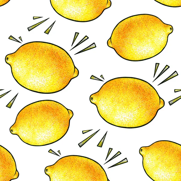 美しいイエロー レモンの果実は、白い背景で隔離。レモンの図面。シームレス パターン — ストック写真