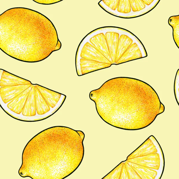 Bellissimi frutti di limone gialli isolati su sfondo giallo. Disegno di scarabocchi al limone. Modello senza cuciture — Foto Stock