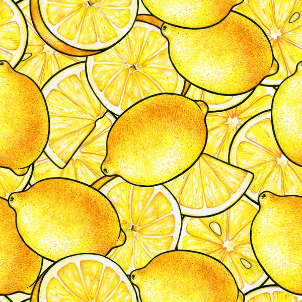 Bellissimi frutti di limone gialli. Fondo giallo. Disegno di scarabocchi al limone. Modello senza cuciture — Foto Stock