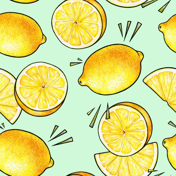 Bellissimi frutti di limone gialli isolati su sfondo verde. Disegno di scarabocchi al limone. Modello senza cuciture — Foto Stock