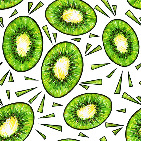 Kiwi verde isolato su fondo bianco. Disegno di scarabocchi di kiwi. Modello senza cuciture — Foto Stock