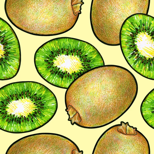 Green kiwi fruit isolated on yellow background. Kiwi doodle drawing. Seamless pattern — Stock Photo, Image