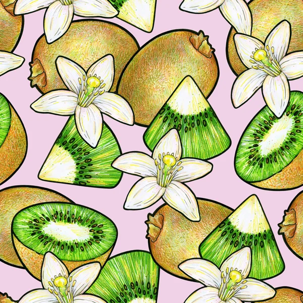 Kiwi verde e fiori bianchi isolati su sfondo rosa. Kiwi animazione doodle disegno mano lavoro. Modello senza cuciture per la stampa di design — Foto Stock