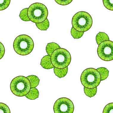 Beyaz arka plan üzerinde izole yeşil yaprakları ile yeşil kivi. Kivi doodle çizim. Seamless modeli