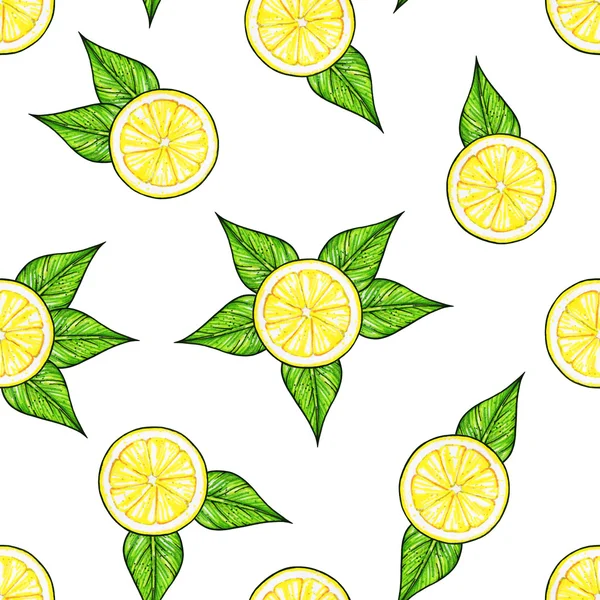Bellissimi frutti di limone gialli con foglie verdi isolate su sfondo bianco. Disegno al limone. Modello senza cuciture — Foto Stock