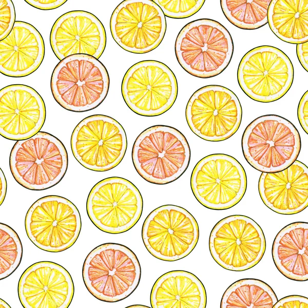 Szegmenseket sárga citrom, a narancs narancs-vörös grapefruit gyümölcs elszigetelt fehér background. Kézi munka rajz. Varrat nélküli mintát design — Stock Fotó