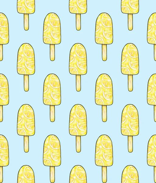 Gelato con gusto di limone isolato su fondo azzurro. Cibo dolce disegno mano lavoro. Modello senza cuciture per la stampa di design — Foto Stock