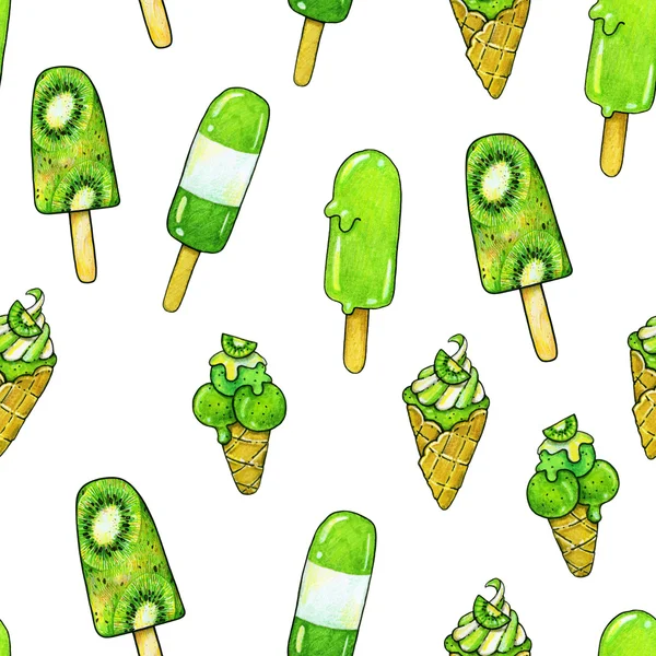 白い背景に分離された緑のキウイ食べ物の味のアイスクリーム。キウイ甘い図面の手の仕事。デザイン印刷のシームレス パターン — ストック写真